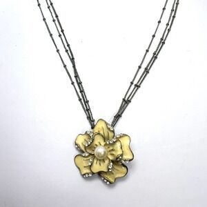 Butter Yellow Flower Pendant Necklace Enamel Pearl Rhinestone Triple Chain